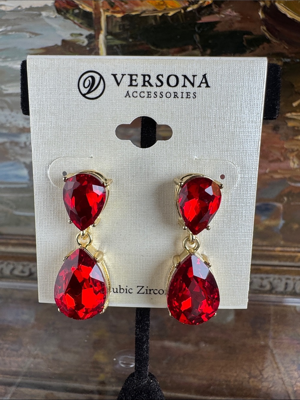 0645-Versona Gold-Tone‎ Red Teardrop Dangle Earrings